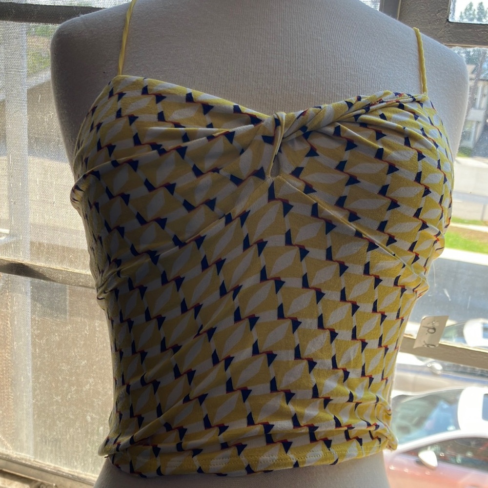 Stretchy spaghetti strap top yellow, blue,orange, white top.